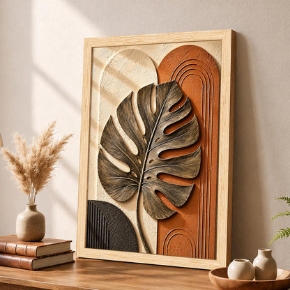 Modern Abstract 3D Textured Embossed Leaf Painting for Living Room, Terracotta & Gold Monstera Leaf Motifs Rectangular Shape Framed Wall Painting for Home Decor (Size: 13x17 Inch)