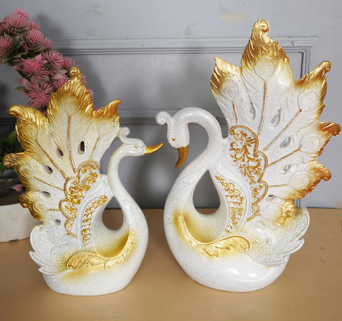 Decorative Peacock Figurine Set, White and Gold, Resin,Home & Office Decor Showpiece (2 Piece)