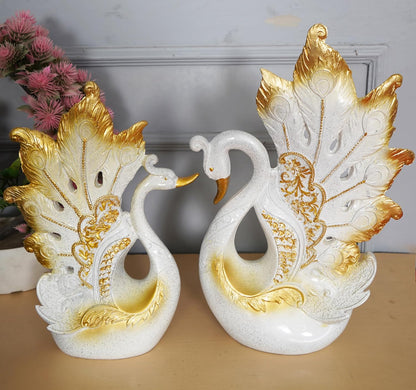 Decorative Peacock Figurine Set, White and Gold, Resin,Home & Office Decor Showpiece (2 Piece)