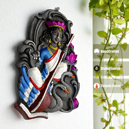 Saraswati Maa Wall Hanging Idol Murti | Terracotta Wall Decor | Saraswati MATA Wall Art for Mandir, Home, Office & Study Table Decor | Goddess of Knowledge Spiritual Gift (28x19 CM)