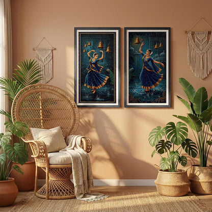 Classical Indian Dance Wall Art Set of 2 Frames Prints | Traditional Bharatanatyam Kathak Dance Framed Painting, Peacock & Temple Theme Artwork Frame| Premium Cultural Wall Decor for Living Room Bedroom Office Home (Art-6, 10x19inch, Wooden)