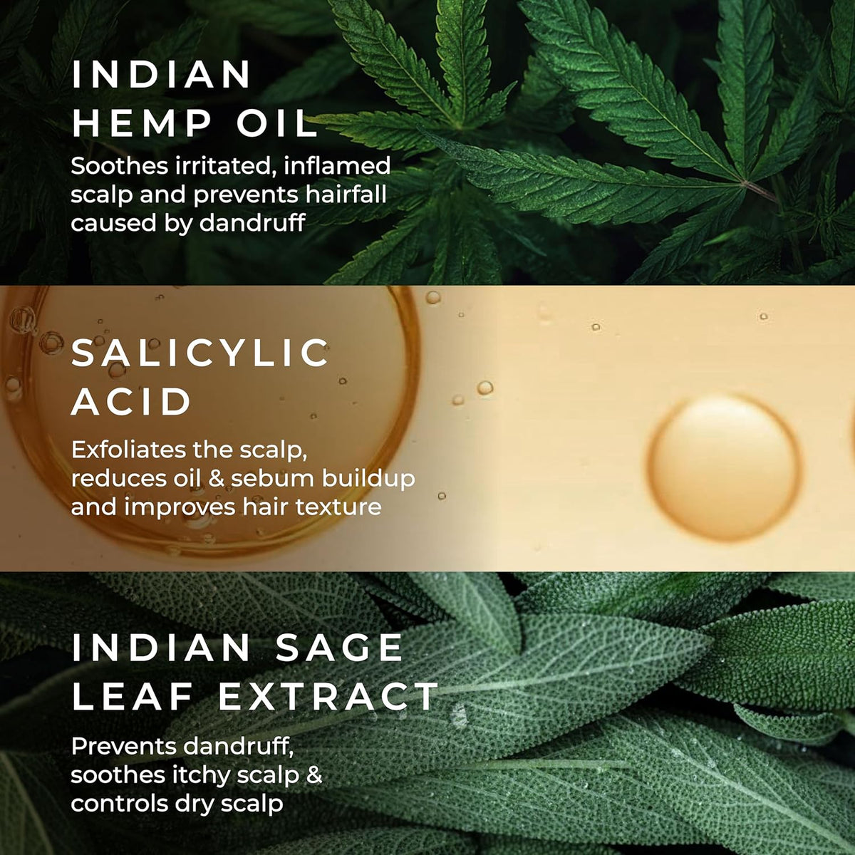 Product label with Indian hemp oil, salicylic acid, and Indian sage leaf extract on a green leaf background.