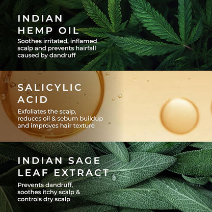 Product label with Indian hemp oil, salicylic acid, and Indian sage leaf extract on a green leaf background.