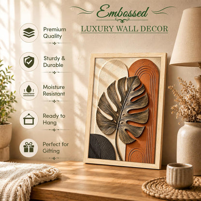 Modern Abstract 3D Textured Embossed Leaf Painting for Living Room, Terracotta & Gold Monstera Leaf Motifs Rectangular Shape Framed Wall Painting for Home Decor (Size: 13x17 Inch)