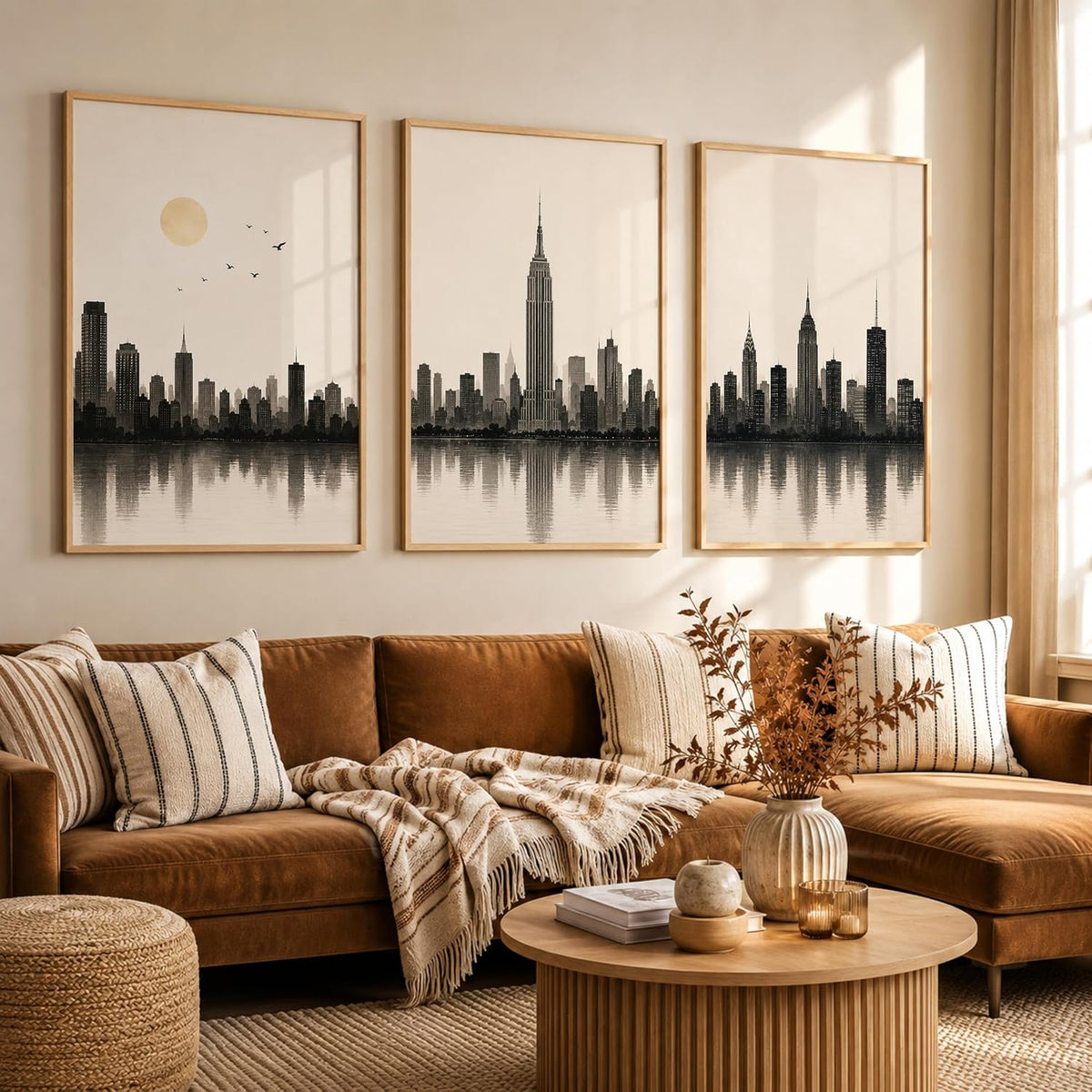 Set of 3 Modern City Skyline Wall Art Paintings for Living Room | Minimalist Urban Cityscape Wall Decor | Neutral Beige Framed Wall Paintings for Bedroom, Office, Hall & Home Decoration (13x19 Inches)