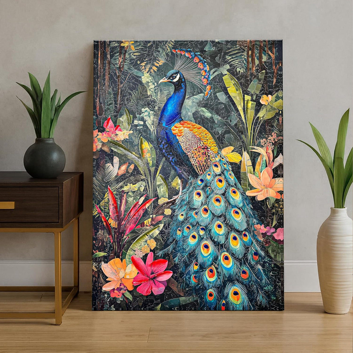 Stretched Canvas 3D Peacock Wall Art Textured Painting, Stretched Canvas Vibrant Peacock Print Hand-Painted Tropical Bird and Jungle Theme Decor, 3D Giclée Print Wall Decor 61x91 cm