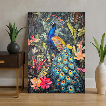Stretched Canvas 3D Peacock Wall Art Textured Painting, Stretched Canvas Vibrant Peacock Print Hand-Painted Tropical Bird and Jungle Theme Decor, 3D Giclée Print Wall Decor 61x91 cm
