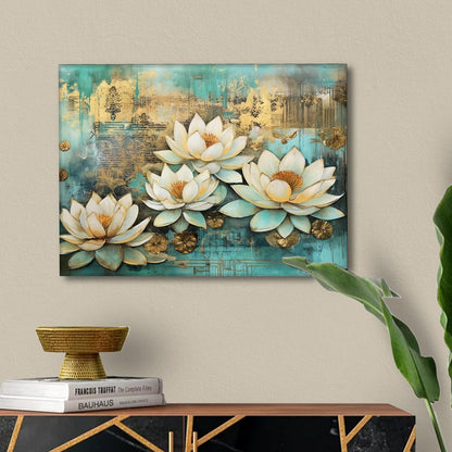 White Lotus Flower Canvas Wall Art Painting for wall decoration, Lotus floral Stretched Canvas Painting for living room, bedroom, Home and Office, 16x22 Inch