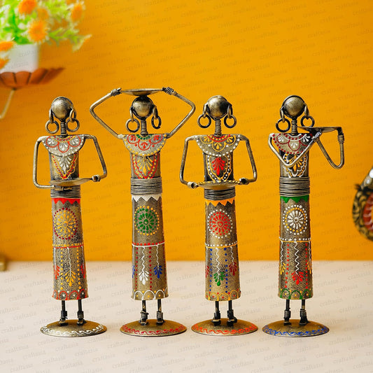 Handcrafted Tribal Figurine Set of 4 | Metal Iron Showpiece for Home Decor | Hand-Painted Ethnic Tribal Art Statues | Traditional Indian Decorative Figurines for Living Room, Office & Gifting
