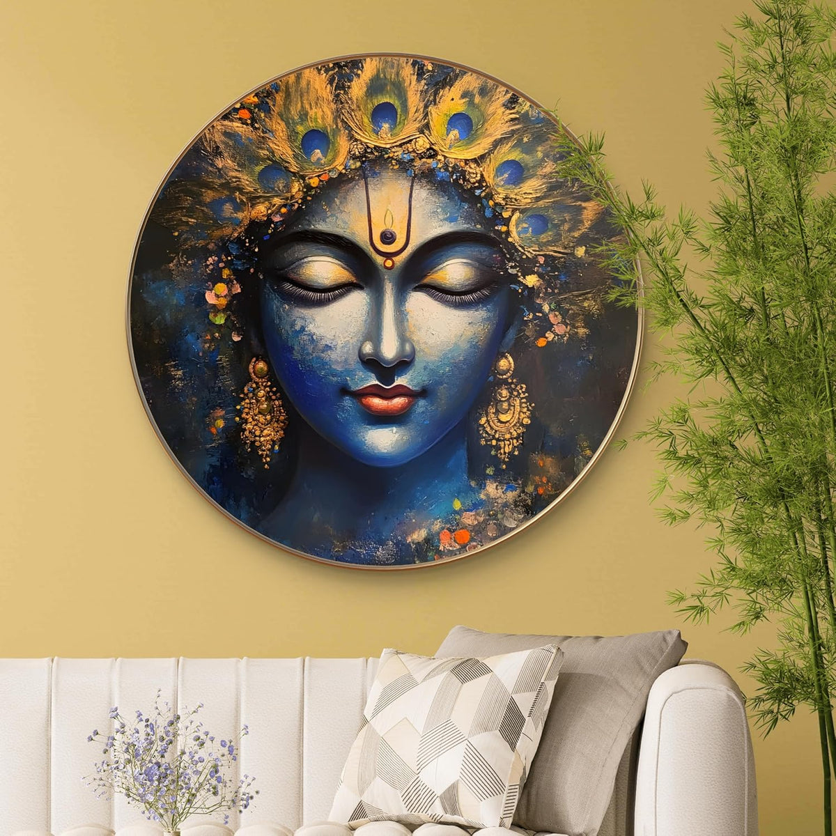 Lord Krishna Round Art Print with Golden Frame | Abstract Peacock Feather Divine Face HD Art Print for Living Room Pooja Home Décor 16 Inch x 16 Inch