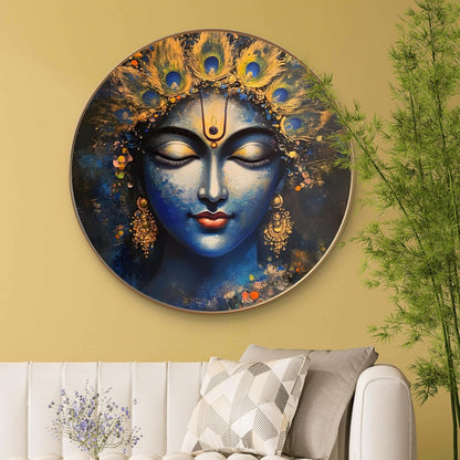 Lord Krishna Round Art Print with Golden Frame | Abstract Peacock Feather Divine Face HD Art Print for Living Room Pooja Home Décor 16 Inch x 16 Inch