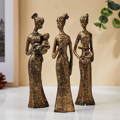 Beautiful Finish Uniquely Hand Crafted Home Decor African Tribal Women Art Piece (Set of 3, Black and Golden)