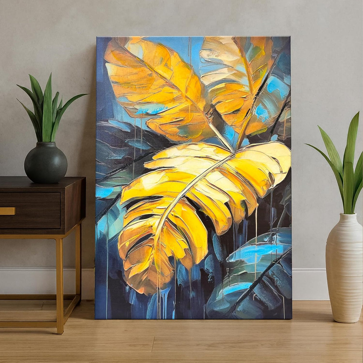 Stretched Canvas Tropical Leaf Art Wall Art Painting Abstract Yellow and Blue Leaves 3D Painting Abstract Paintings for Bedroom Office Wall Décor Hand Painted 61x91 cm
