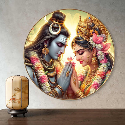 Radha Krishna Round Art Print with Golden Frame | HD Divine Floral Art Print for Pooja Room, Living Room & Temple Décor 16 Inch x 16 Inch