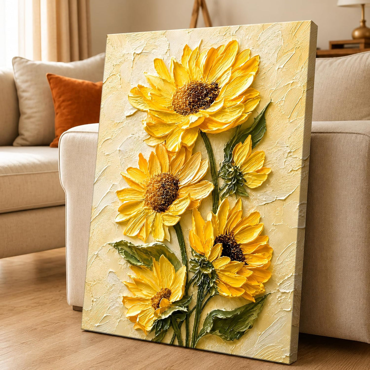 Textured Embossed Floral Canvas Wall Art Painting for wall decoration, Vibrant Yellow Sunflower Motifs Stretched Canvas Painting for living room, bedroom, office and Home, 16x22 Inch
