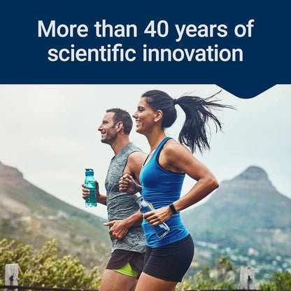 Two people running outdoors with text about scientific innovation