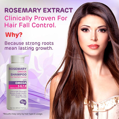 Advertisement for rosemary extract shampoo with a woman and product on a purple background