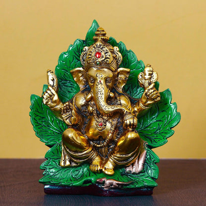 Golden Sitting Lord Ganesha on Green Throne Metal Decorative Showpiece, Green, Golden and Brown, one Size (AGG559)