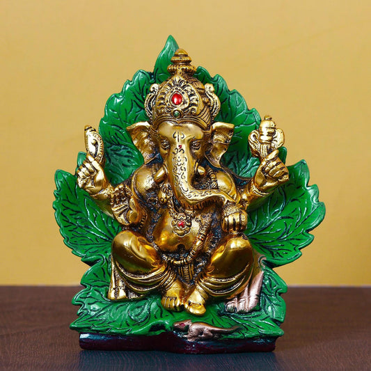 Golden Sitting Lord Ganesha on Green Throne Metal Decorative Showpiece, Green, Golden and Brown, one Size (AGG559)