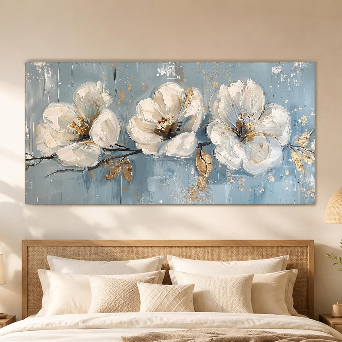 Beautiful Abstract White Flower Stretched Canvas Wall Art Painting For Living Room, Daisy Floral painting for Bedroom, Home and Office, 22x46 Inch