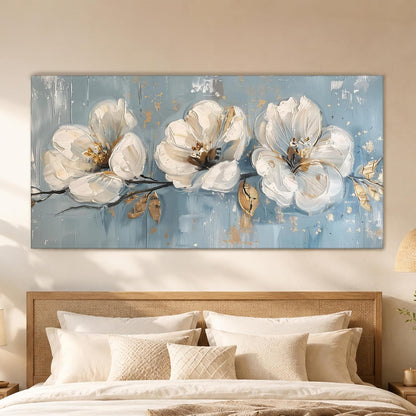 Beautiful Abstract White Flower Stretched Canvas Wall Art Painting For Living Room, Daisy Floral painting for Bedroom, Home and Office, 22x46 Inch