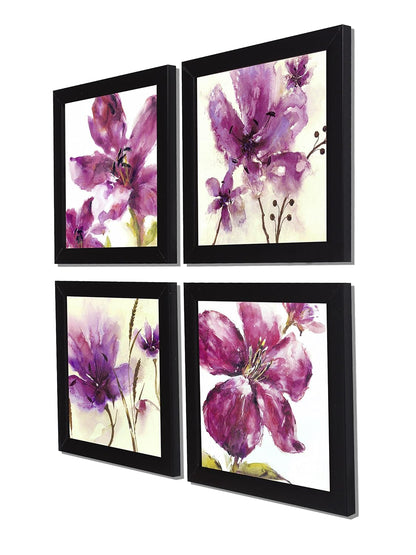 Purple Flower wall art Painting for living room, Botanical floral Framed painting, set of 4, 9x9 Inch