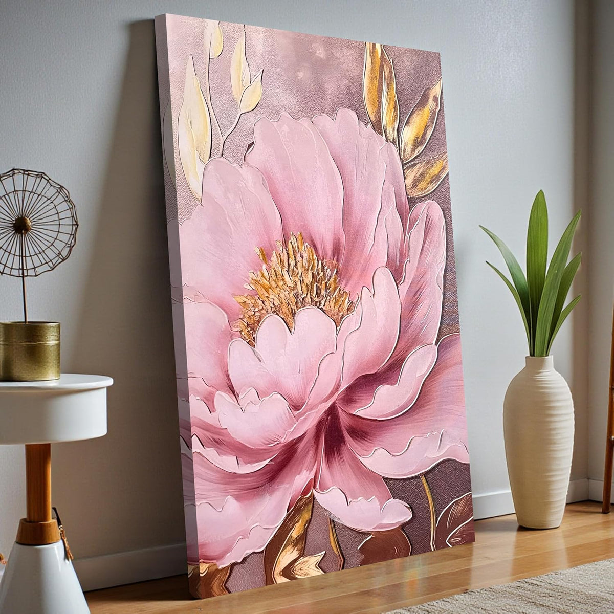 Stretched Canvas Pink Peony Wall Art Painting Abstract Floral Canvas 3D Textured Painting for Living Room Abstract Paintings for Bedroom Office Wall Décor Hand Painted Art 61x91 cm