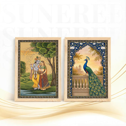 Radha Krishna Miniature Painting with Peacock Wall Art | Set of 2 Framed Paintings | Traditional Mughal Indian Decor for Living Room Bedroom | (ART 4, 13x19 INCHES)