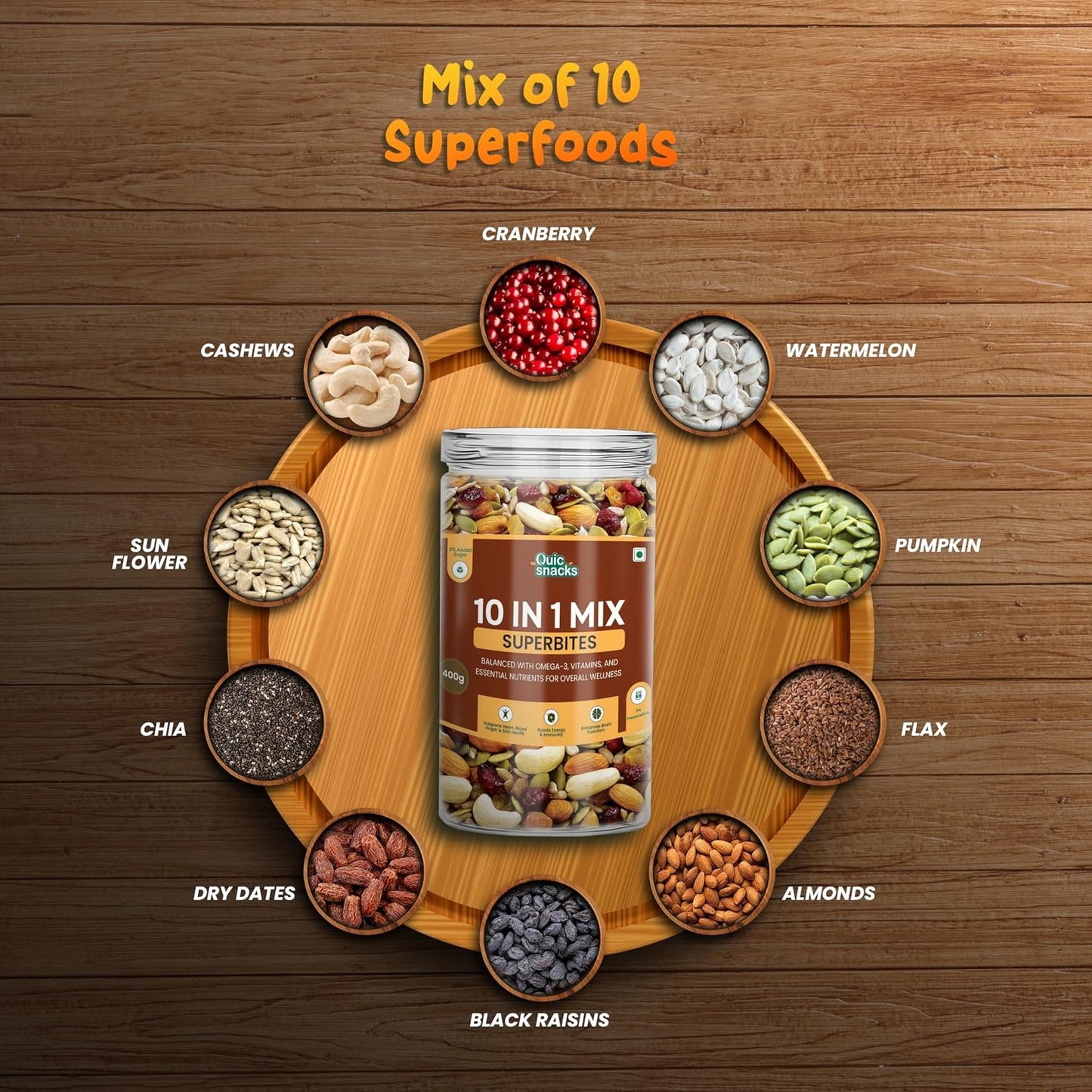 QuicSnacks 10 in 1 Mix Superbites Mix Seeds | Nuts and Seeds Mixes | Healthy Snack | Ready to Eat | Supports Heart Health, Boosts Energy, and Improves Overall Wellness