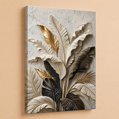 Textured Embossed Leaf Floral Canvas Wall Art Painting for wall decoration, Neutral & Gold Tropical Leaf Motifs Flower Stretched Canvas Painting for living room, bedroom, Office, 16x22 Inch