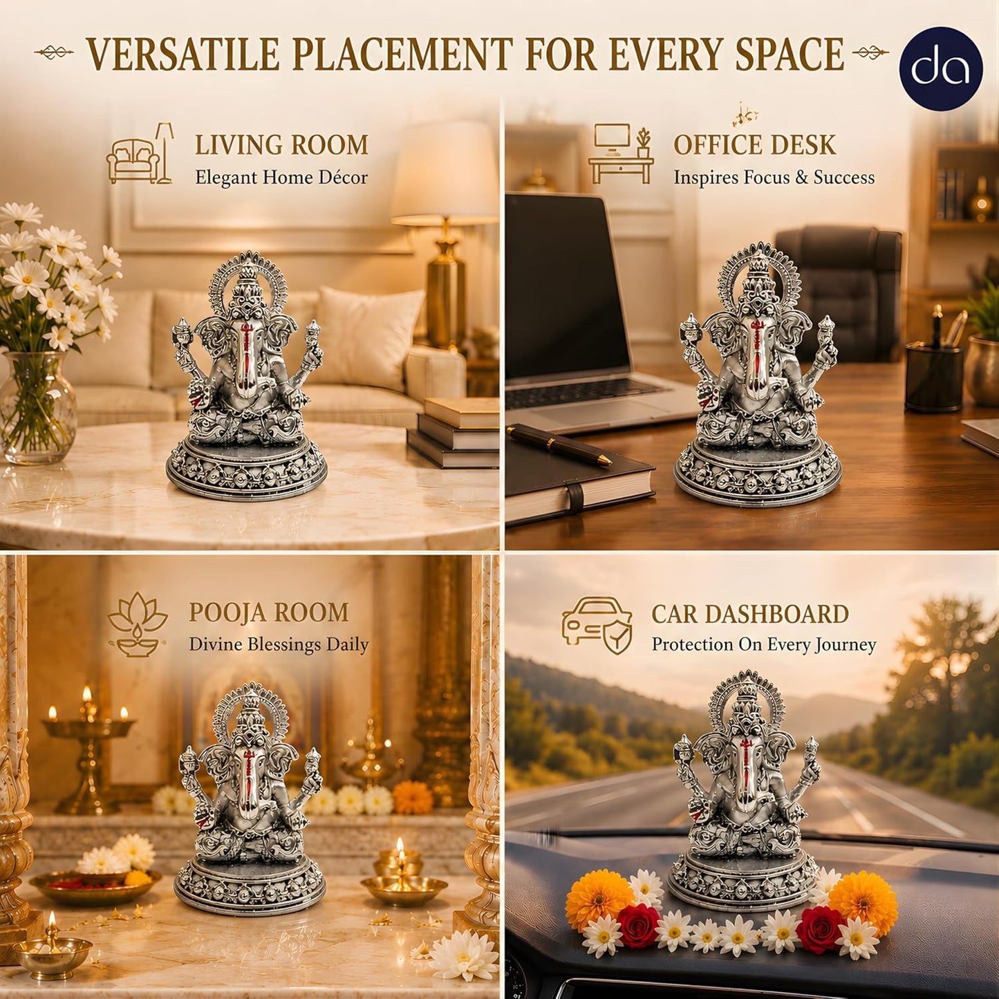 Dev Aastha Silver Plated Four-Armed Ganesh Idol - 3.5 Inch Divine Seated Ganpati Statue with Detailed Halo for Car Dashboard, Pooja Room and Mandir - Auspicious Vastu Home Decor and Spiritual Gift
