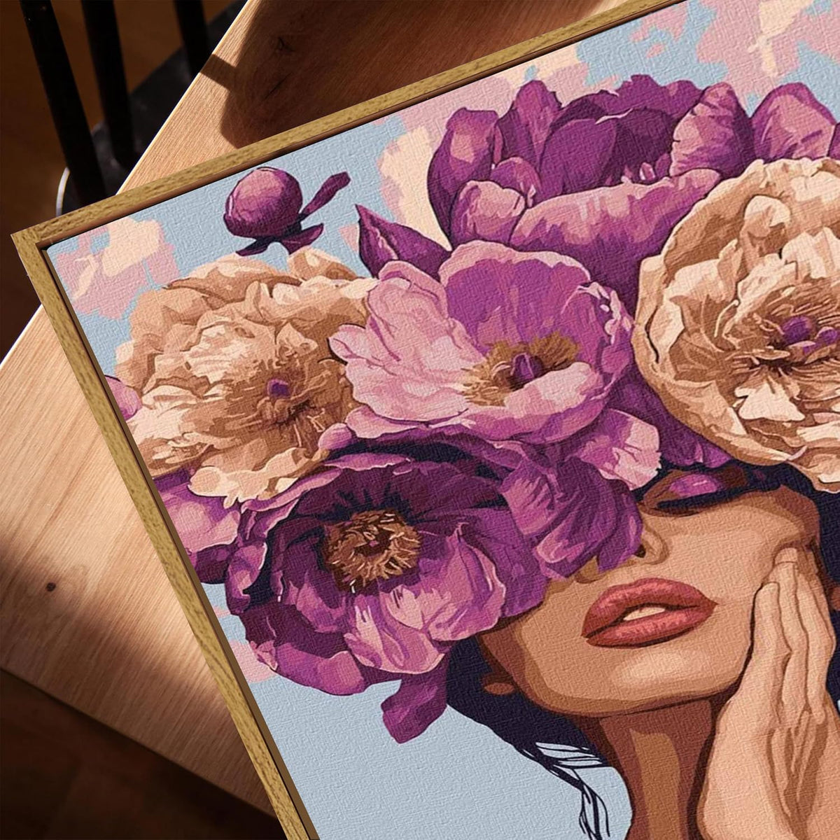 Floral Woman Portrait Framed Canvas Painting For Living Room | Aesthetic Flower Face Wall Art For Livingroom Wall Decor, Home Decor, Bedroom, Hallway's, Office, Hotel - 43x58 cm