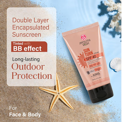 Ayouthveda Sunturn Cream SPF 40 Tinted Sunscreen with BB Effect & PA++++ | Zinc Oxide, Aloe Vera & Berry Extracts | Broad Spectrum UVA/UVB & Blue Light Protection | No White Cast | Lightweight & Water Resistant | 60g (Pack of 1)