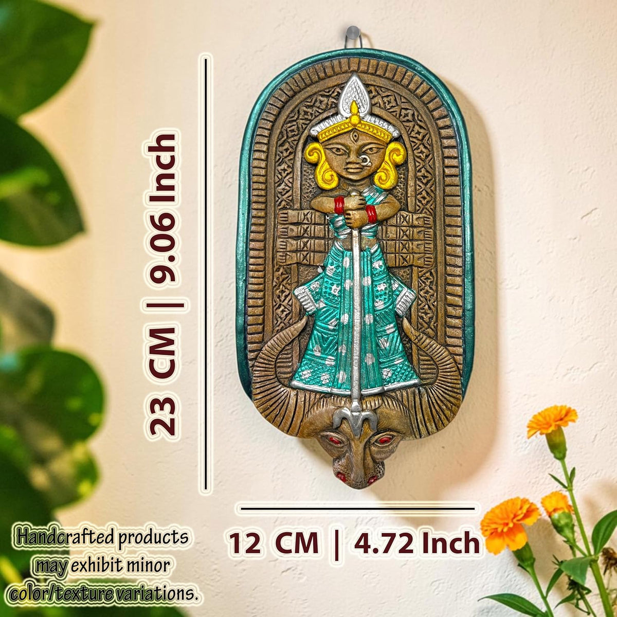 Maa Durga Terracotta Wall Hanging Idol Murti | Mahisasur Mardini Sherawali Devi MATA Wall Art Decor for Home, Temple, Mandir & Office Decor | Spiritual Gifting (23x12 CM)