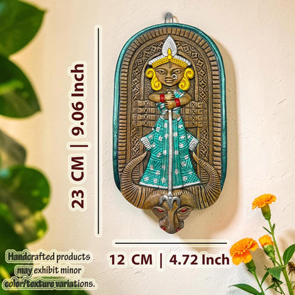 Maa Durga Terracotta Wall Hanging Idol Murti | Mahisasur Mardini Sherawali Devi MATA Wall Art Decor for Home, Temple, Mandir & Office Decor | Spiritual Gifting (23x12 CM)