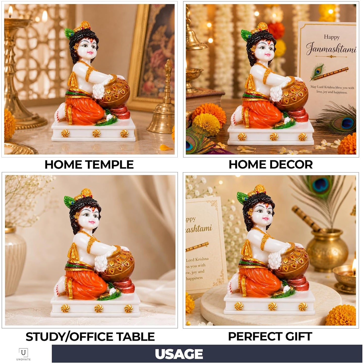 UNOVATE Krishna Makhan Chor Statue | Home Temple | Janmastmi | White Marble