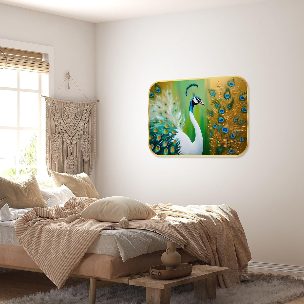 beautiful peacock modern art Premium Sparkle Lamination Finished Surface Golden Slim Frame 35 cm x 28 cm Large Size, For Home/Office/Hotel painting KG57