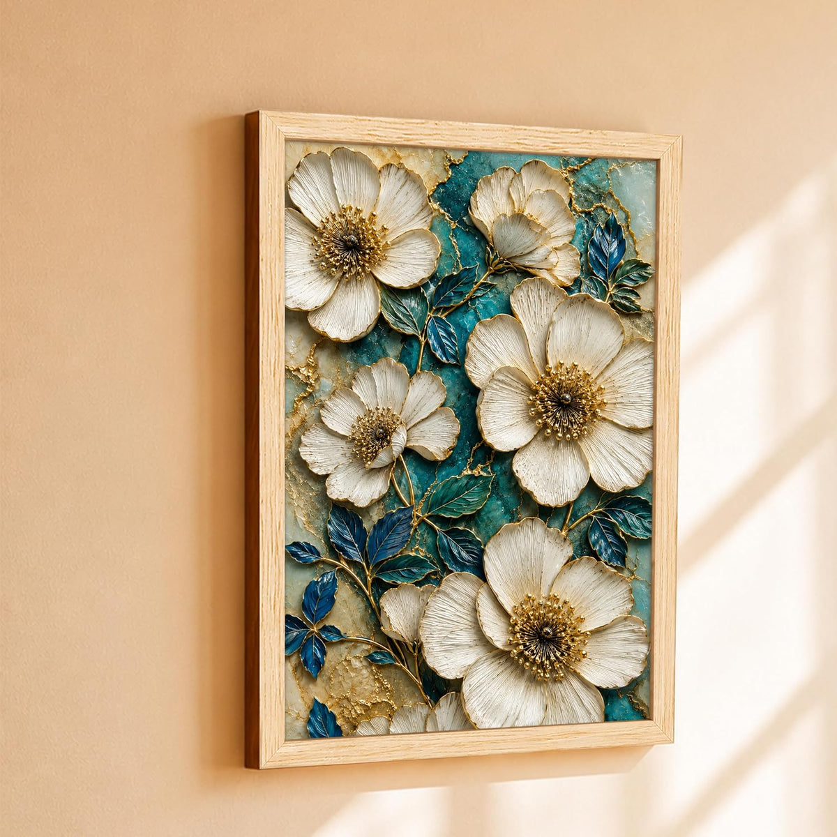 Modern Abstract 3D Textured Floral Painting for Living Room, Teal & Gold Blooming Flower Motifs Rectangular Shape Framed Wall Painting for Home Decor (Size: 8x12 Inch)