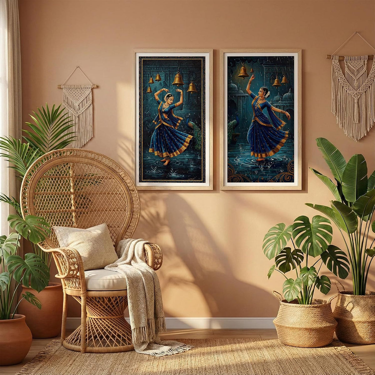 Classical Indian Dance Wall Art Set of 2 Frames Prints | Traditional Bharatanatyam Kathak Dance Framed Painting, Peacock & Temple Theme Artwork Frame| Premium Cultural Wall Decor for Living Room Bedroom Office Home (Art-5, 10x19inch, Wooden)
