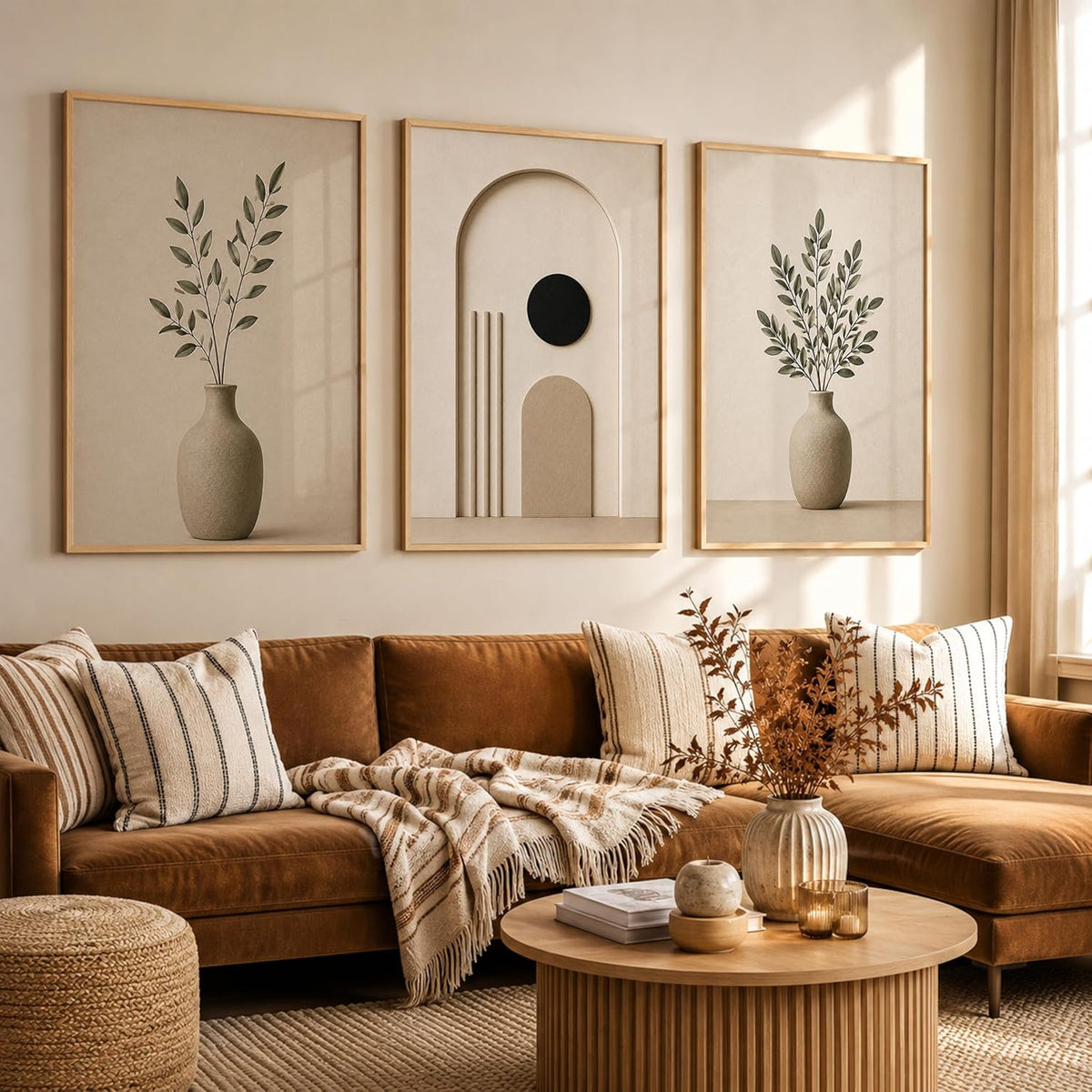 Set of 3 Japandi Botanical Wall Art Paintings, Wooden Frame, 13x19 Inches, for Living Room, Bedroom, Office, and Home Decoration