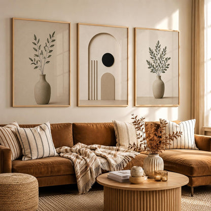 Set of 3 Japandi Botanical Wall Art Paintings, Wooden Frame, 13x19 Inches, for Living Room, Bedroom, Office, and Home Decoration