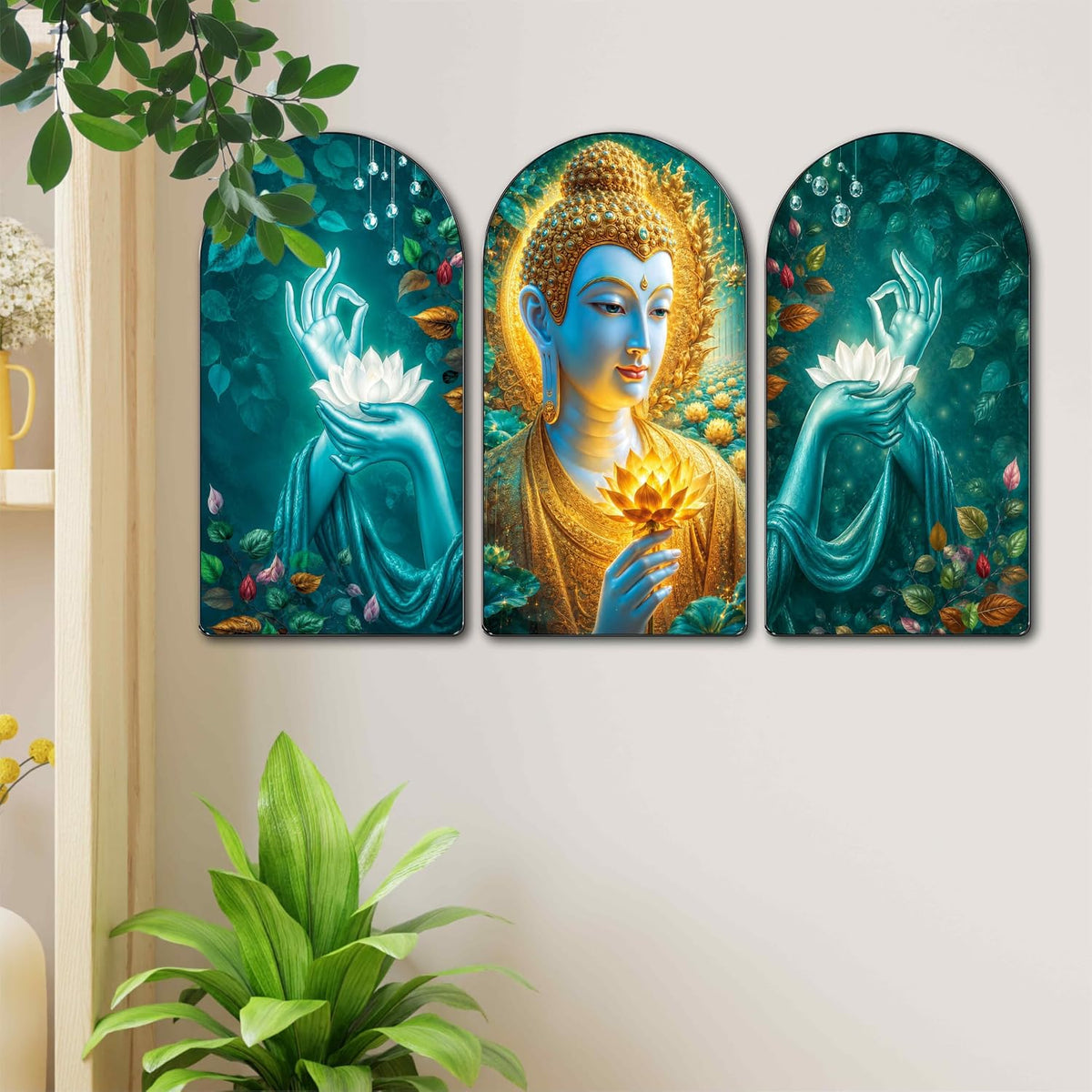 Set of 3 Arched Blue Buddha & Golden Lotus Wall Paintings