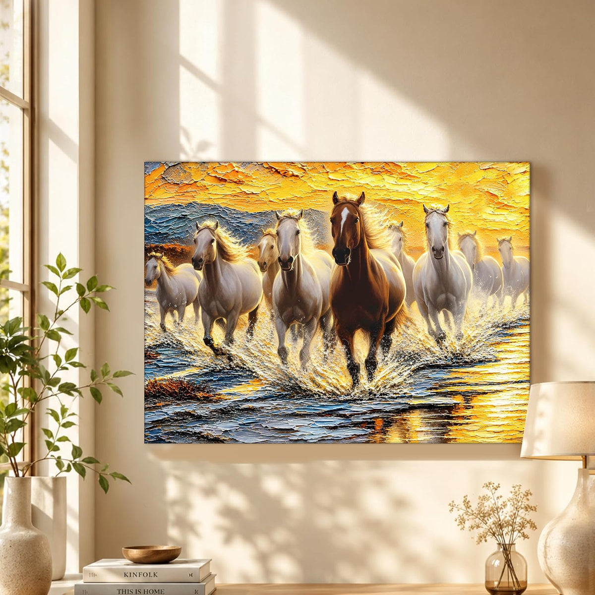 9 Running Horses Wall Art Painting For Living Room | Nine Horse Vastu Stretched Canvas Painting for Wall Decoration Items For Bedroom and Home, 16x22 Inch