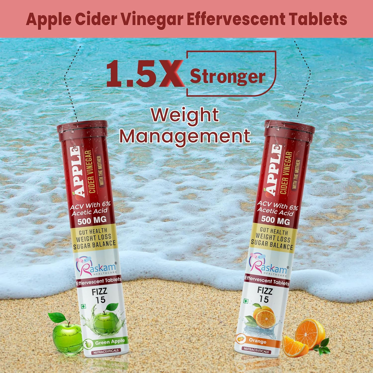 Two bottles of Apple Cider Vinegar Effervescent Tablets with a beach background