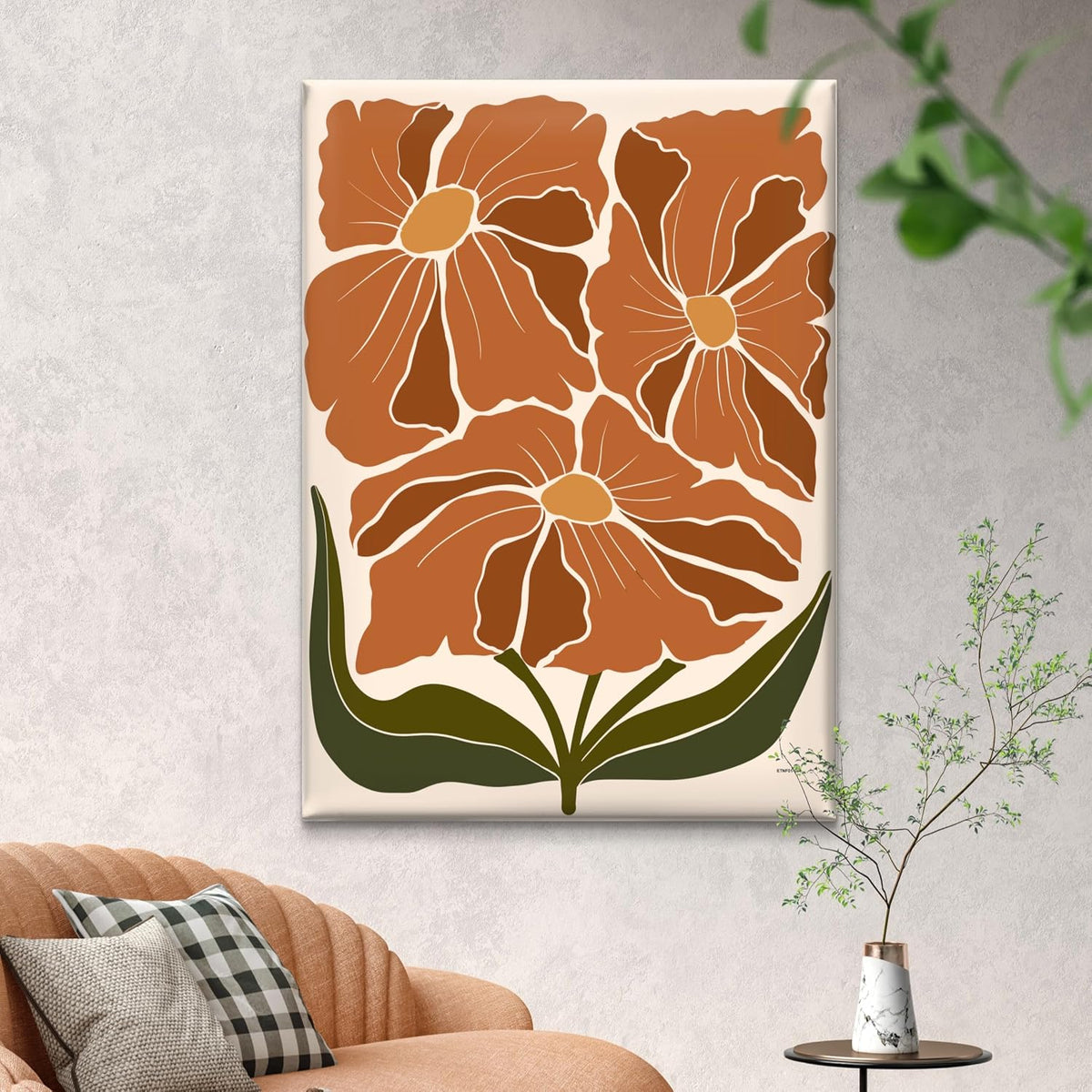 Framed Terracotta Floral Canvas Wall Art – Modern Abstract Flower Print with Green Leaves | Boho Botanical Artwork for Living Room, Bedroom, Kitchen, or Entryway Décor (18 x 24 Inch) CVD-264