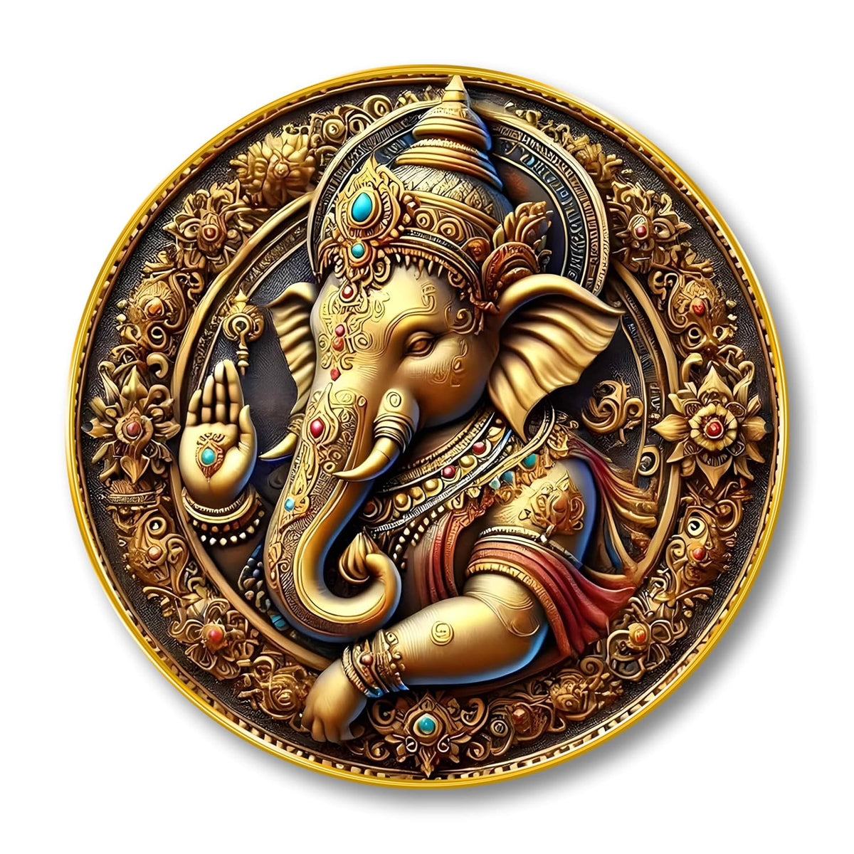 Golden Ganesha Round Wall Art | MDF Panel with Royal Detailing | Lord Ganesh Spiritual Wall Hanging for Home, Temple & Office Decor | Artistic Golden Frame with Premium Finish 23 Inch x 23 Inch