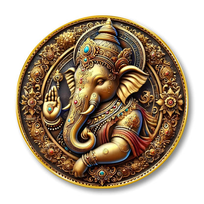 Golden Ganesha Round Wall Art | MDF Panel with Royal Detailing | Lord Ganesh Spiritual Wall Hanging for Home, Temple & Office Decor | Artistic Golden Frame with Premium Finish 23 Inch x 23 Inch