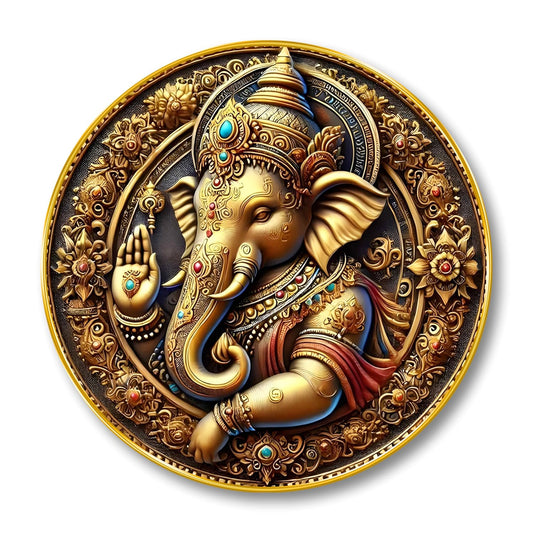 Golden Ganesha Round Wall Art | MDF Panel with Royal Detailing | Lord Ganesh Spiritual Wall Hanging for Home, Temple & Office Decor | Artistic Golden Frame with Premium Finish 23 Inch x 23 Inch