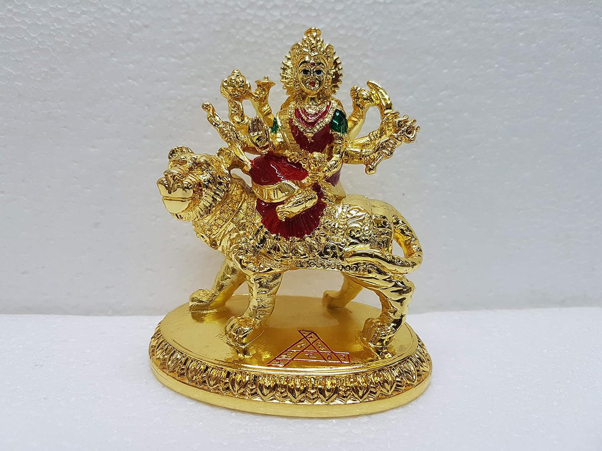 Gold Art India Gold and Silver Plated Resin Ambe MATA Idol On Lion | Mandir Puja Murti | Maa Nav Durga Rani Sherawali Statue Sculpture Goddess for Pooja, Housewarming Gift (Gold)