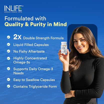 INLIFE Fish Oil Omega 3 Capsule 1000mg | Double Strength | Supplement for Heart, Brain and Joint Health for Men Women | EPA:DHA - 360:240-60 Liquid Filled Capsules